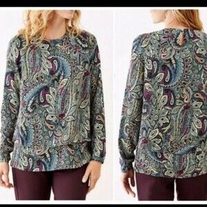 J. Jill Long Sleeve Modest Tiered Hem Green Blue Purple Paisley Print Top XS